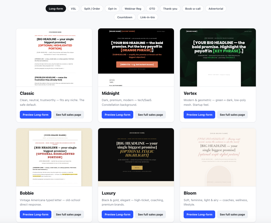 AI Vibe Pages template gallery — 9 styles across 11 page types